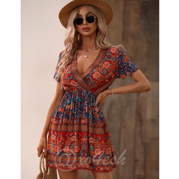 Boho Summer Dress V-Neck Floral Print - Picture 6 of 8